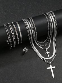17KM Conjunto de 10 peças de colar, pulseira e anel minimalistas punk hip hop com cruz, unissex, adequado para encontros, férias, uso diário e casamento