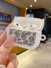 1 pieza Funda de auricular con impresión UV de cara sonriente gris gruesa, compatible con auriculares Bluetooth de Apple, cubierta transparente clara