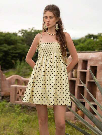 Faeriesty Đầm nữ BohoBloom với dây đeo điều chỉnh được: Thiết kế buộc dây vai, phần ngực nhún bèo, chân váy chấm bi xòe rộng - Hoàn hảo cho kỳ nghỉ biển, chuyến đi cuối tuần, tham quan, dạo chợ và mặc hàng ngày.