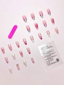 24 件/套豹纹法式杏仁形优雅 3D 海星和花卉美甲贴纸，含 1 件果冻凝胶和 1 个指甲锉，浪漫甜美外观，适合日常佩戴和约会按压指甲美甲用品 - 彩色 - 查看 3