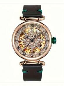 Women's Starry Series Fashion Mechanical Watch, Scratch-Resistant Hollow Dial, High-Quality Leather Strap, Ideal Gift