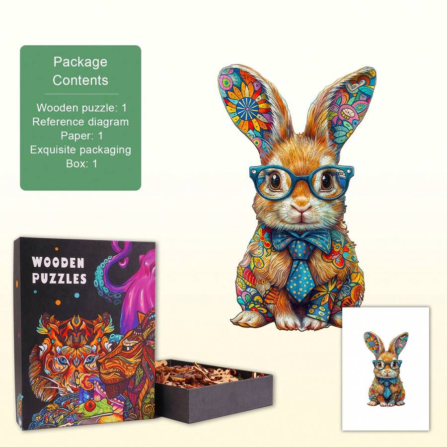 1pc Colored Bunny Wooden Puzzle, Asymmetrical Animal Shape Wooden Jigsaw Puzzle Toy, Unique Party Game Gift, Decorative Art Puzzle, Tabletop Magic Puzzle, Creative Children's Educational Puzzle, Holiday Gift, Adult Wooden Puzzle, Christmas Gift, Back To School Gift, Birthday Gift (2D Puzzle) - Multicolor - View 1