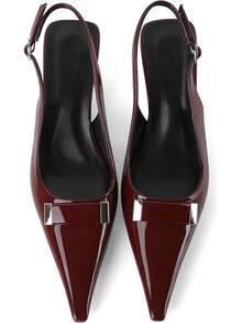 Women's Pointed Toe Slingback Heels Metal Buckle Ankle Strap Kitten Low Heel Pumps 2 Inch Stylish Retro Women Shoes-20256688 - Burgundy bằng sáng chế - Xem 5