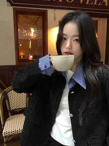 韩版温柔新款外套单排扣二合一外套修身优雅长袖上衣女开衫秋季 - 黑色 - 查看 3