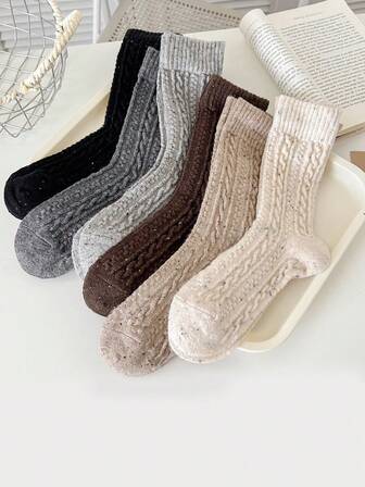 1 Pair/3 Pairs/6 Pairs Women Solid Color Cable Knit Mid-Calf Socks, Wool Blend Retro Style Warm And Fashionable Versatile Long Socks, Autumn/Winter