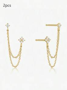 2pcs Cubic Zirconia Decor Chain Pendant Stud Earrings, Hypoallergenic Jewelry Gift For Women - Gold - View 4