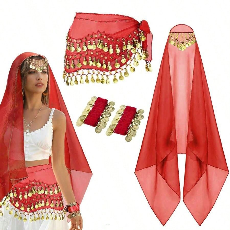 Set de 4 piezas para danza del vientre que incluye: Pañuelo de cadera de gasa, pañuelo para la cabeza, brazalete de muñeca, accesorios de danza con