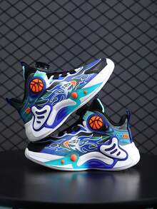 Giày thể thao trẻ em khóa xoay thu/đông mới cho bé trai, giày bóng rổ cho trẻ em lớn - Màu xanh lam - Xem 10