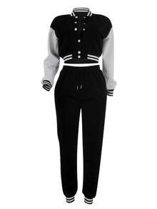 Two Pieces Women's Casual Color Blocked Single Breasted Long Sleeved Jacket Top And Drawstring Pocket Sports Pants Set For Spring And Autumn Winter Wear