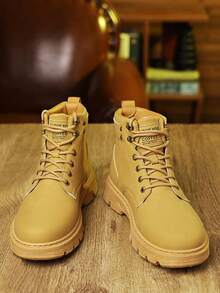[Special Offer] Men's Faux Leather Lace-Up Work Boots - Buckle Strap Detail & Non-Slip Lug Sole, Comfortable Durable Footwear For Daily Casual, Outdoor & Street Style Wear - 棕色 - 查看 2