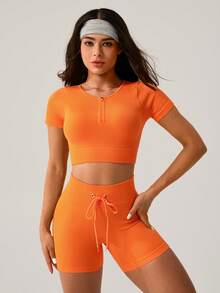 NcmRyu Women's Solid Color Yoga Set - Short Sleeve Crop Top & High Waist Compression Shorts, Ultra-Stretch Quick-Dry Skinny Fit For Summer Yoga, Gym Workouts & Training - 橘色 - 查看 2