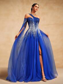 VIPGIRL Blue Sequin Patchwork Elegant Design Sheer Mesh Long Evening Dress, Graceful - Blue - View 6