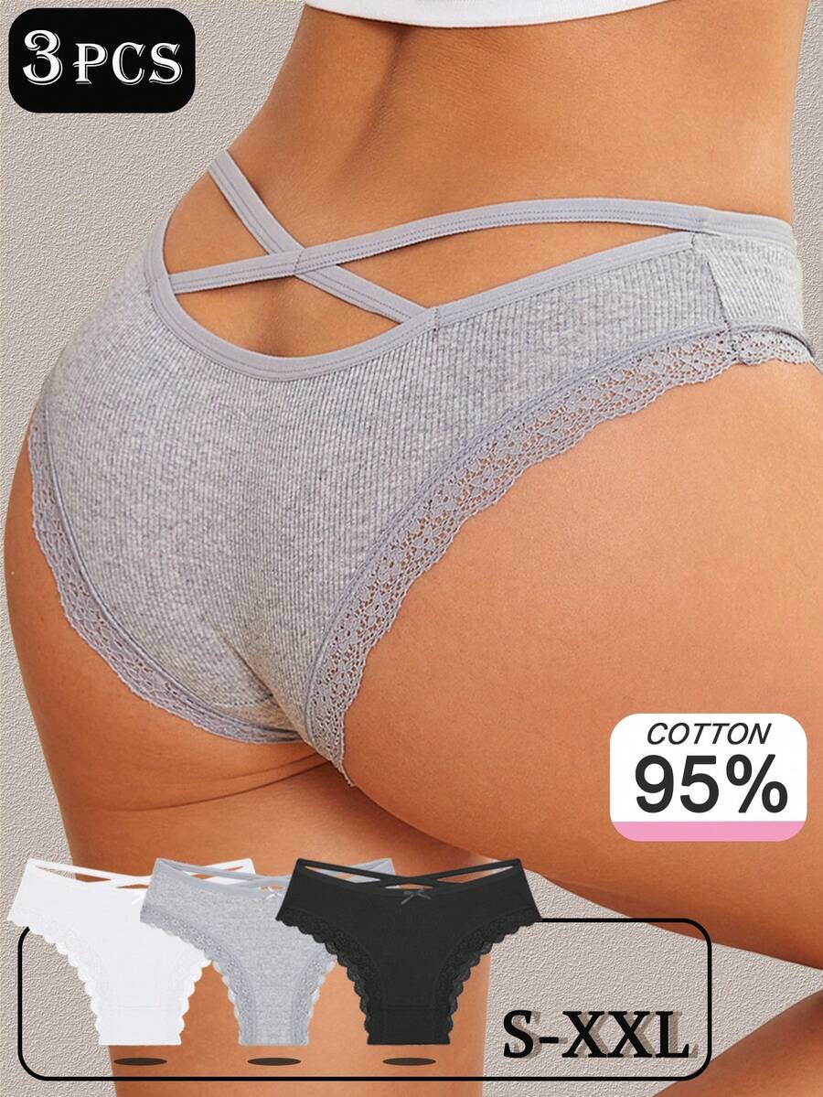 3pcs/Set Cotton Solid Color Lace Patchwork Bow Design Criss-Cross Back Breathable Sexy Women's Underwear Set