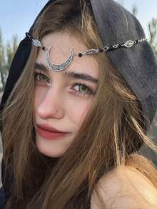 Semi-Circle Hollow Moon Pattern Women's Head Chain, Silver And Gold Hair Accessories, Vintage Forehead Chain With Pendant, Simple And Stylish, Natural Stone Crystals, Bohemian, Exotic Style, Fashion Accessory, Princess Moon Goddess, Cleopatra, Vintage, Elegant, Graceful, Suitable For Holidays, Halloween, Wedding Hair Accessories, Women's Chains, Suitable For Daily Use, Holiday Parties, Evening Dances, Outings And Dinners, Holiday Gifts