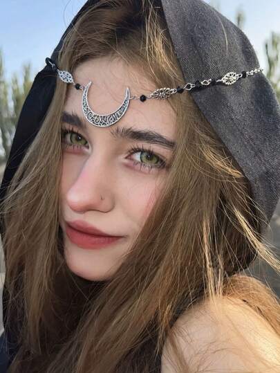 Semi-Circle Hollow Moon Pattern Women's Head Chain, Silver And Gold Hair Accessories, Vintage Forehead Chain With Pendant, Simple And Stylish, Natural Stone Crystals, Bohemian, Exotic Style, Fashion Accessory, Princess Moon Goddess, Cleopatra, Vintage, Elegant, Graceful, Suitable For Holidays, Halloween, Wedding Hair Accessories, Women's Chains, Suitable For Daily Use, Holiday Parties, Evening Dances, Outings And Dinners, Holiday Gifts