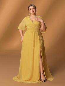 Faeriesty Mosy Plus Chiffon Evening Gown With V-Neckline, Bat-Wing Sleeves & Subtle Polka Dots – High Side Slit & Floor-Length Drapes For Weddings, Proms & Elegant Evening Parties