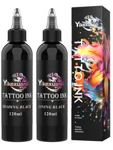yikexuanli 1/2 Bottle Premium Black Tattoo Ink | Intense Black/Super Black, Deep Color, Suitable For Outlining, Shading And Blending, Long-Lasting And Durable