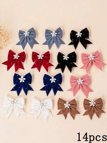 6/14 件儿童简约珍珠蝴蝶结鳄鱼发夹，小女孩公主发饰，后/侧发夹，辫子发夹，派对百搭 - 蝴蝶結+珍珠花 14PCS - 查看 13