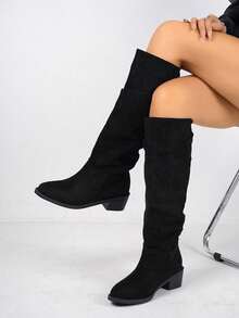 planare 女士时尚休闲褶皱尖头一脚蹬绒面革机车靴、西部靴、粗跟鞋、秋季、秋冬靴、橡胶鞋、中筒靴、时尚靴子、女鞋 - 黑色 - 查看 5