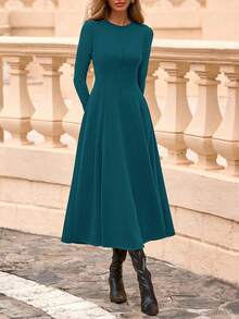 Cocktail Dresses For Women  Elegant Classy Fall Long Sleeve Midi Swing A Line Flowy Modest Party Dress - màu lục lam đậm - Xem 3