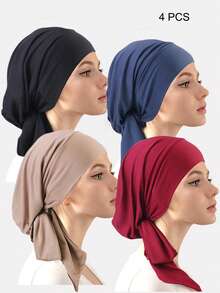 1件/4件装女士褶皱化疗帽，女士长尾头巾帽，日常佩戴 - 4件套 - 查看 1