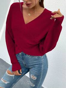 Women's Sexy Sweater V Neck Off Shoulder Long Sleeve Cross Wrapped Front Knit Sweater Fall Autumn Winter Street Party Club Night Out Valentine Top Outfits - 酒紅色 - 查看 3