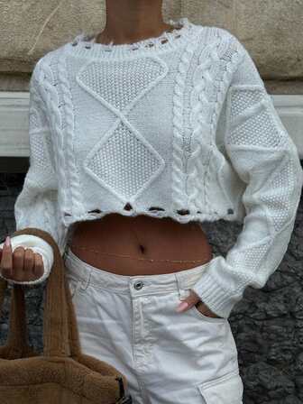 Women's Short Casual Cable Knit Pattern Crew Neck Pullover Sweater, Long Sleeve, Autumn/Winter