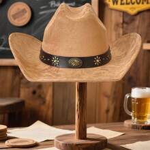 Sombrero de vaquera para hombre y mujer, sombrero Fedora de ala ancha con remaches y cinturón, sombrero de lana de fieltro, gorra de jazz para fiesta - Camel - Ver 2