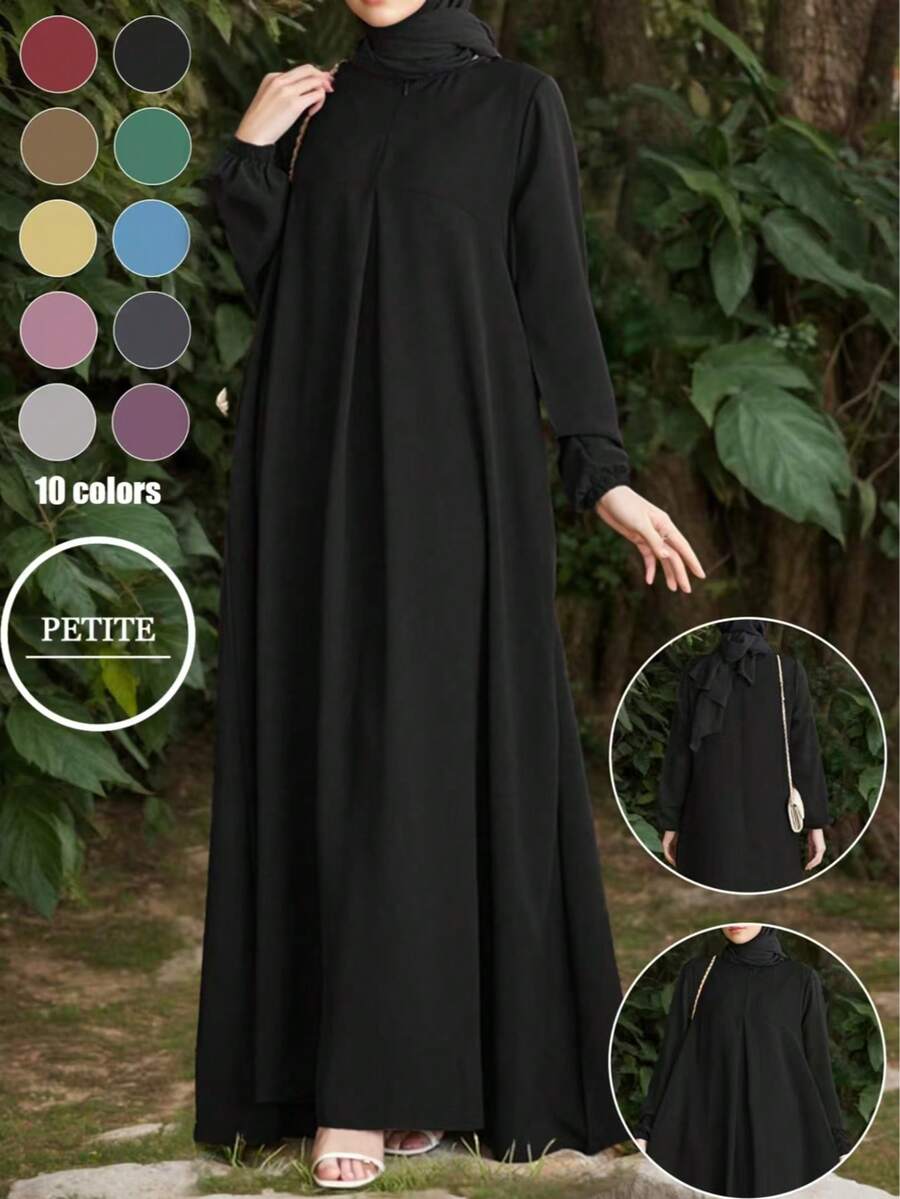 New Style Petite Women's Middle Eastern Zip-Up Cardigan With Pockets, Casual Loose Solid Color Dress - Black - View 1