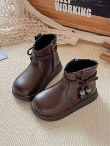 女童靴，新款秋冬时尚蝴蝶结优雅百搭软皮轻便儿童踝靴，幼儿/小童/大童软底防滑皮靴 - 棕色 - 查看 4