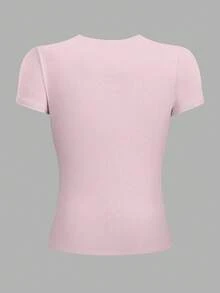 Playera camiseta gráfica dama mujer manga corta cuello redondo básica cómoda fresca ligera moderna juvenil femenina estampado pestañas ojos brillo cute frase letras glitter - Rosa - Ver 2
