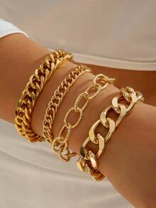 4pcs/Set Minimalist Punk Metal Chunky Chain Bracelet Set, Suitable For Dating, Party, Daily Wear - Yellow Gold - View 7