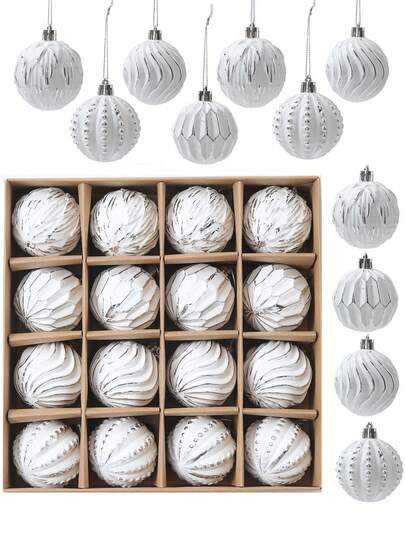 Zestaw 16 ozdób choinkowych w stylu rustykalnym, 2,4-calowe plastikowe ozdoby choinkowe w stylu rustykalnym, odporne na stłuczenie, antyczne, tradycyjne ozdoby świąteczne (srebrno-białe, 16 szt.)