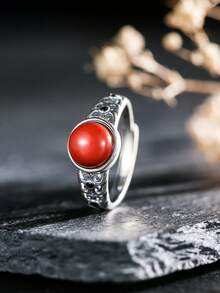 Vintage 925 Silver Ring Natural Red Agate 8mm Round Cut Gemstone Adjustable Bands Boho Jewelry Energy Healing Gifts