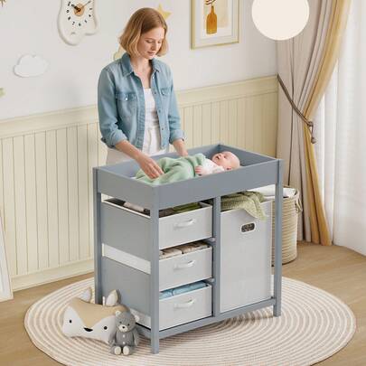  AIYAPLAY Baby Changing Table With 4 Drawers, Nursery Diaper Baby Changing Unit For 0-12 Months (Max. 11kg), With Mat, Infant Care Station For Bedroom Nursery, Grey