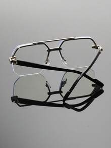 1 Pair Unisex Silver Geometric Half-Frame Metal Glasses, Suitable For Reading, Gaming, Computer, Phone Use, Anti-Fatigue Clear Lens Accessory - Yinping - View 3