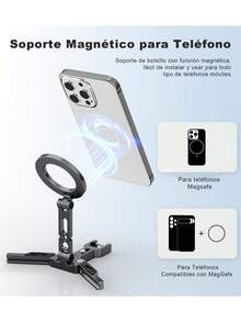 Trípode Selfie Mini Magnético de Aluminio Plegable para Bolsillo - Compatible con 12/13/14/15/16 y Teléfonos Android, Ajustable, Color Gris - Gris - Ver 4