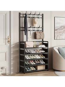 5-Tier Multi-Purpose Storage Rack,Hat Organizer Holder, Freestanding Coat Rack With 8 Double Hooks, 31.49 Inch Wide Hallway Shoe Rack, Entryway Coat Rack, Living Room, Bathroom, Hallway Shoe Rack Organization And Storage Home Decor Fall Decorations For Home Room Decor - Black - View 11