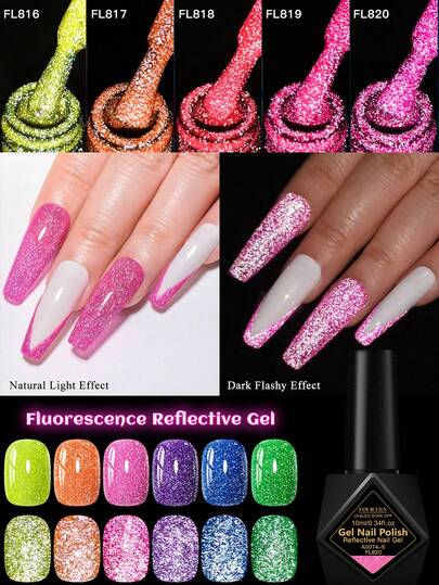 FOUR LILY 10ml 反光凝胶指甲油 - 荧光闪粉和荧光可卸 UV LED 凝胶，持久耐用，适合派对美甲