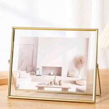 1pc Transverse Golden Metal Photo Frame, Photo Desktop Decorative Frame, Black Acrylic Transparent Stand Photo Frame, Fall Farmhouse Room Decor