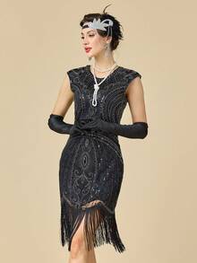 Váy đầm Flapper thập niên 1920 dành cho nữ, váy cocktail tua rua sequin Great Gatsby thập niên 20 - Bạc - Xem 2