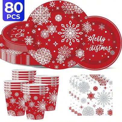【新款】圣诞主题一次性餐具套装 80/62/42 件/套，卡通圣诞老人派对用品，一次性派对餐盘，含 7 英寸和 9 英寸餐巾纸、纸杯、横幅、桌布，适合 10/20 人，主题派对、生日派对、俱乐部、生日装饰、场景装饰、餐厅装饰