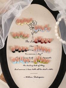 XEERCOOU 10 件指甲短法式按压指甲简约绿紫黄黑红办公室日常佩戴假指甲人造指甲套装包括 1 张粘合片和 1 个迷你锉刀 - 彩色 - 查看 2