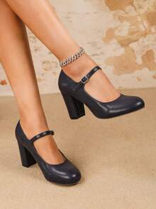 女士优雅时尚系带圆头粗跟超高跟玛丽珍鞋，搭扣闭合，方便穿着，适合派对/婚礼/圣诞节/工作通勤/春秋季，蓝色高跟鞋，舒适女鞋，商务礼仪，度假，女士正装鞋 - 藏蓝色 - 查看 2