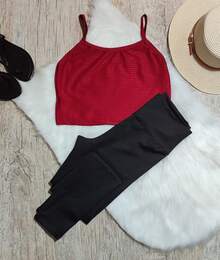 2-Piece Kit With Ribbed Straps And Women's Leggings, Comfort And Quality - Red - View 2