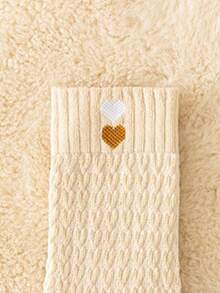 5 Pairs Women's Plush Thickened Warm Socks With Heart Pattern Design, Marled Color, Ideal For Daily Wear, Mid-Calf Length