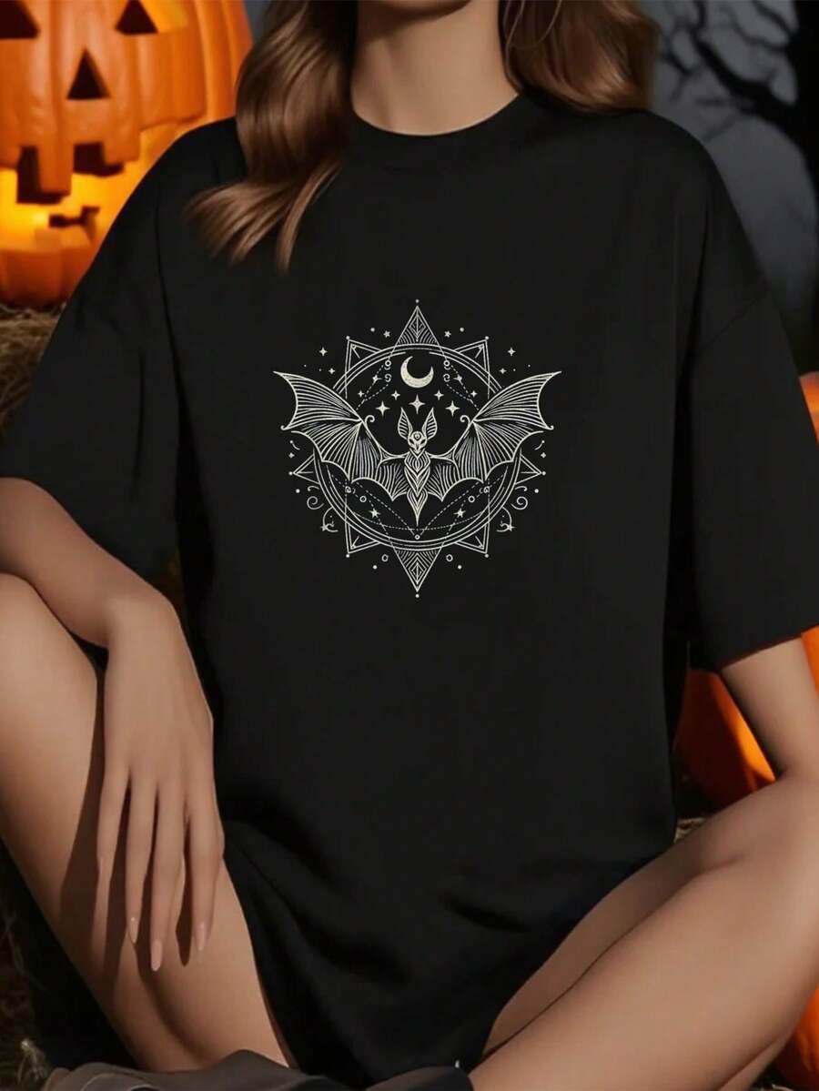 Bat Graphic Gothic Art Design T-Shirt         Graphic Tees Women Crop Tops Summer Outfits For Women Summer Tops T-Shirt - Black - View 1