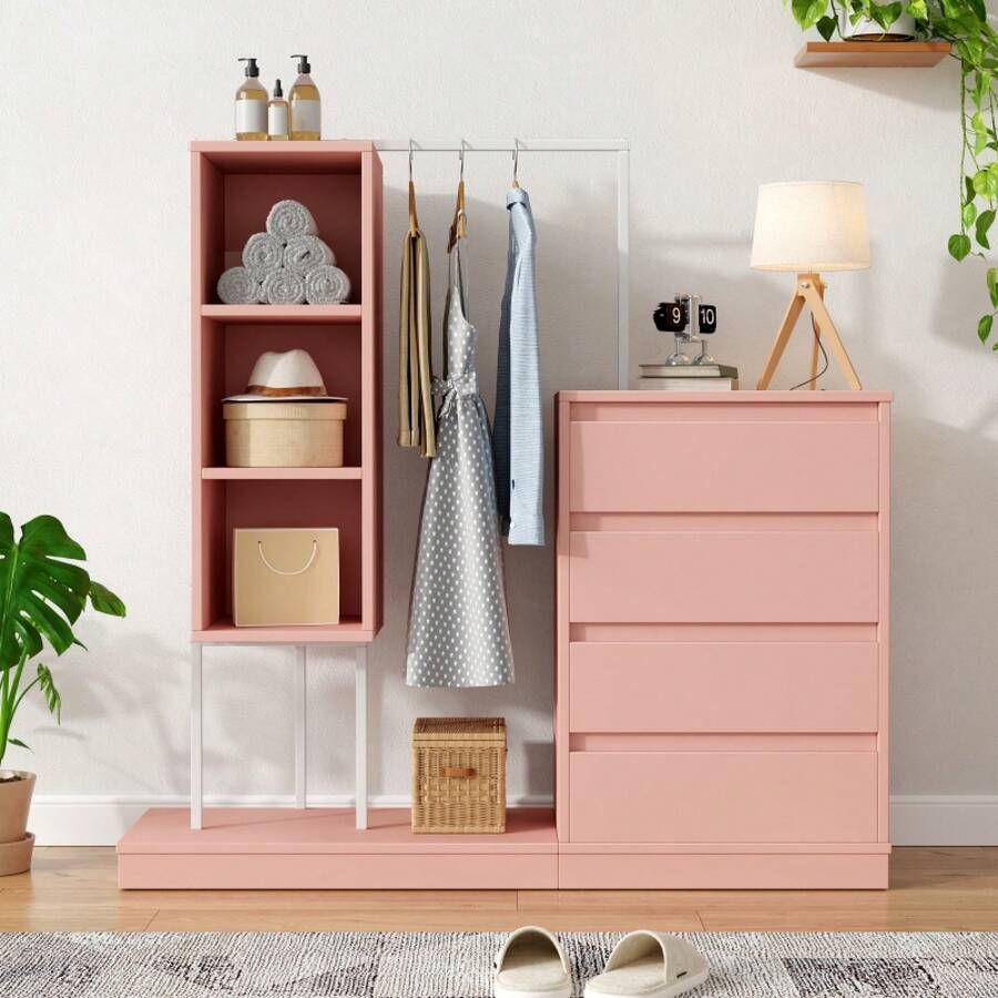 Drawer Cabinet, Wardrobe Set, Pink Wardrobe, Sideboard, Clothes Rail, Dimensions: W140/D40/H135, Pink - 1 - View 1