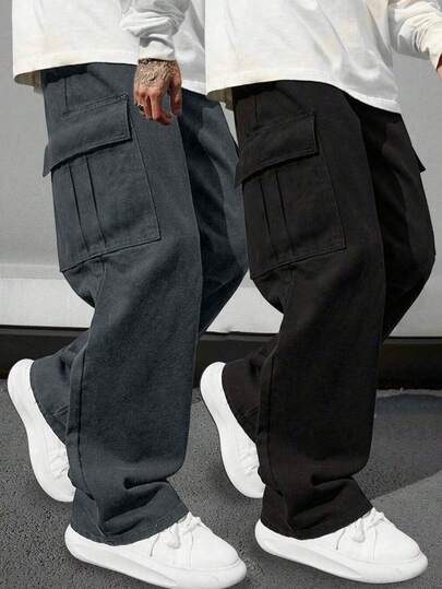 2 Peças Conjunto Esportivo Masculino Plus Size, Primavera/Outono, Calça Cargo com Vários Bolsos, Calça Casual Folgada para Uso Diário, Corrida, Exercícios