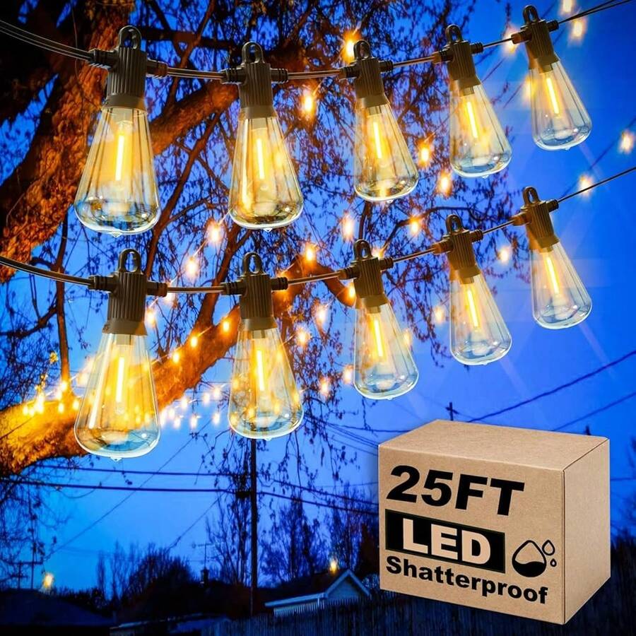 LED Outdoor String Lights, 50 FT Waterproof Patio Lights With 25+2 ST38 Vintage Edison Shatterproof Bulbs, Connectable Dimmable Hanging Lights For Backyard Bistro Cafe Garden Gazebo - Warm White-651723 - ST38-25FT - Xem 1